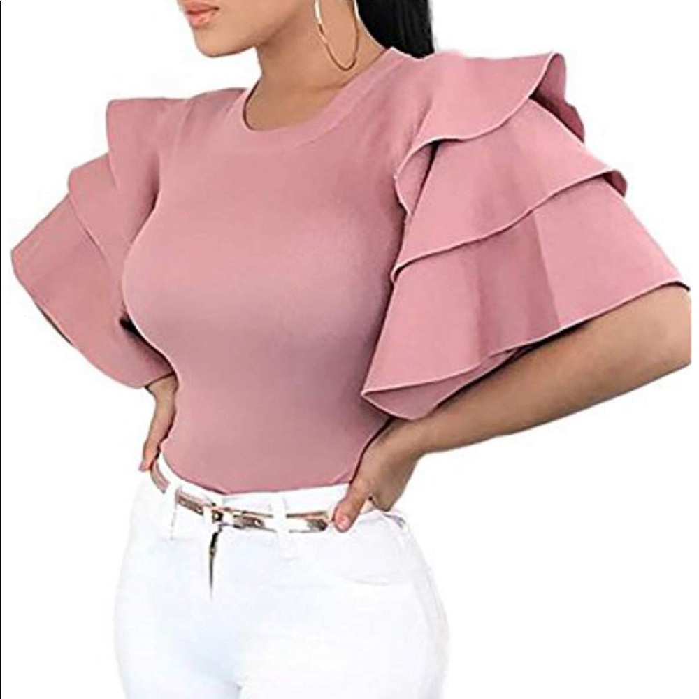 Ruffled Sleeve Women's Top - Pink